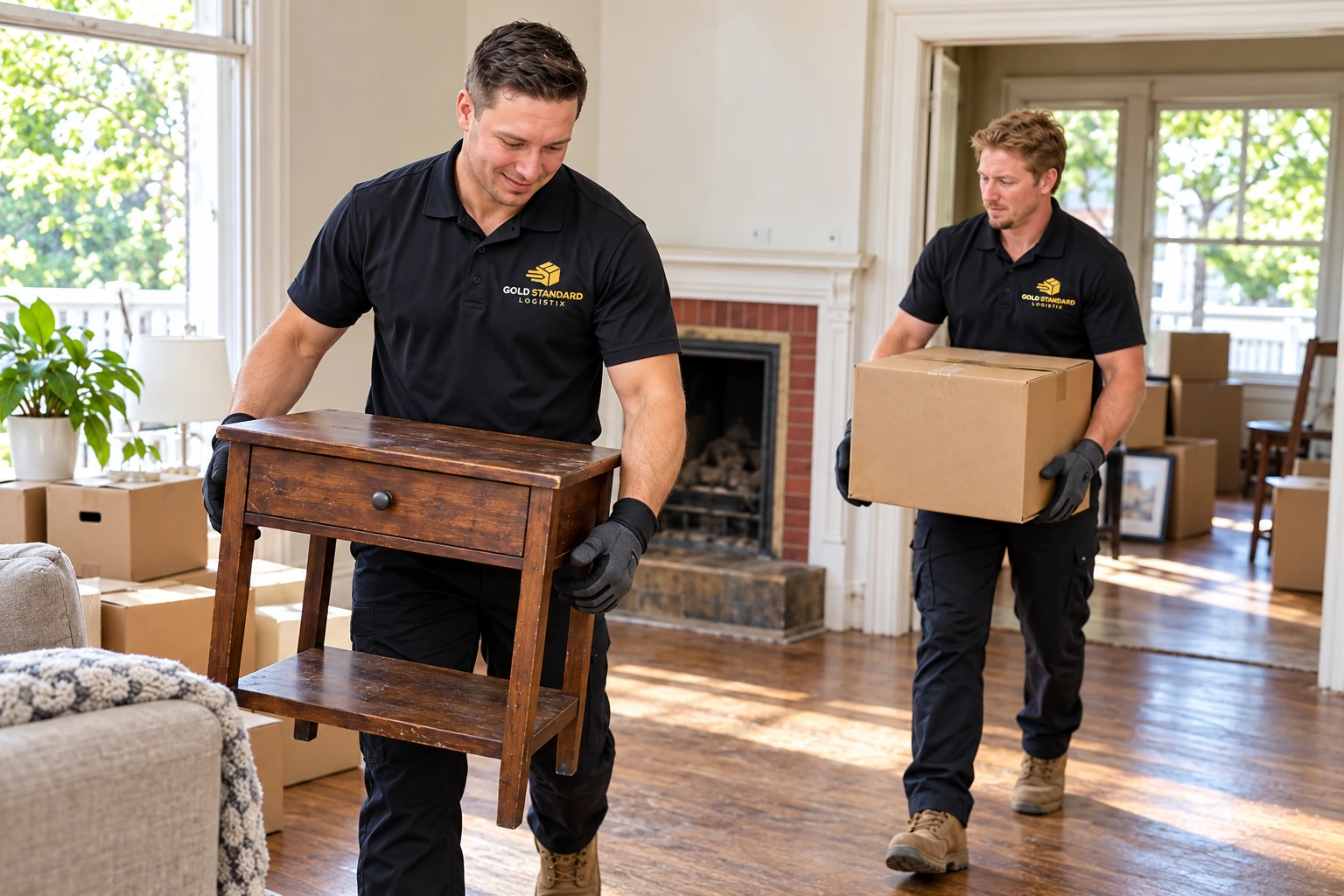 Illustrative company workers carefully clearing belongings from a vacant rental home