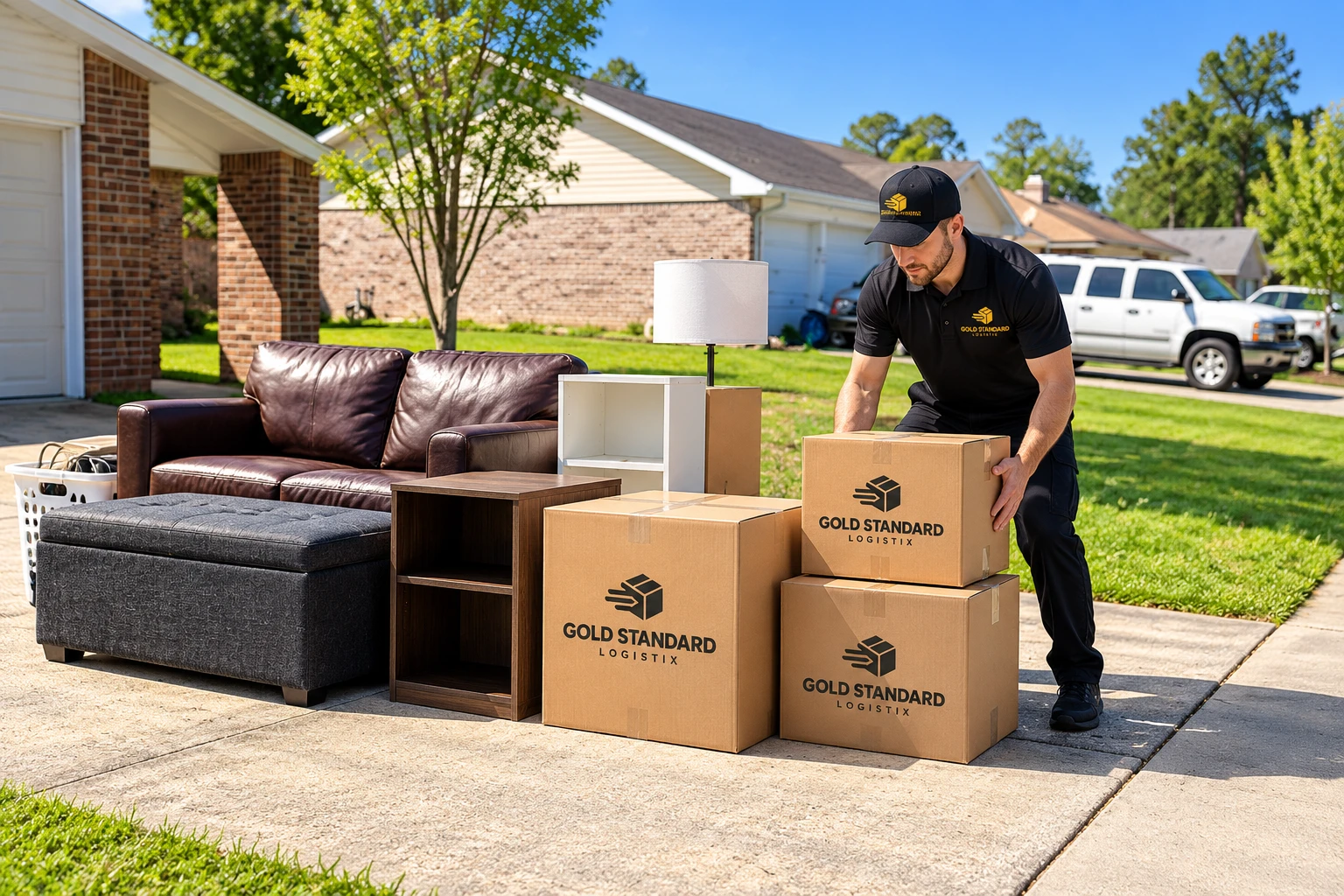 Illustrative orderly grouping of boxed belongings and furniture for authorized pickup outside a rental property