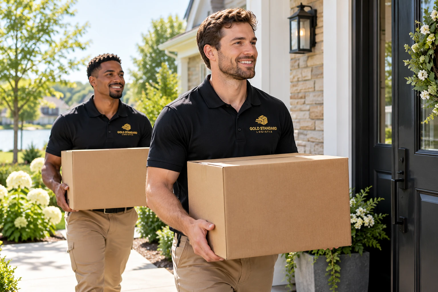 Illustrative movers in Gold Standard Logistix shirts carrying boxes toward a home