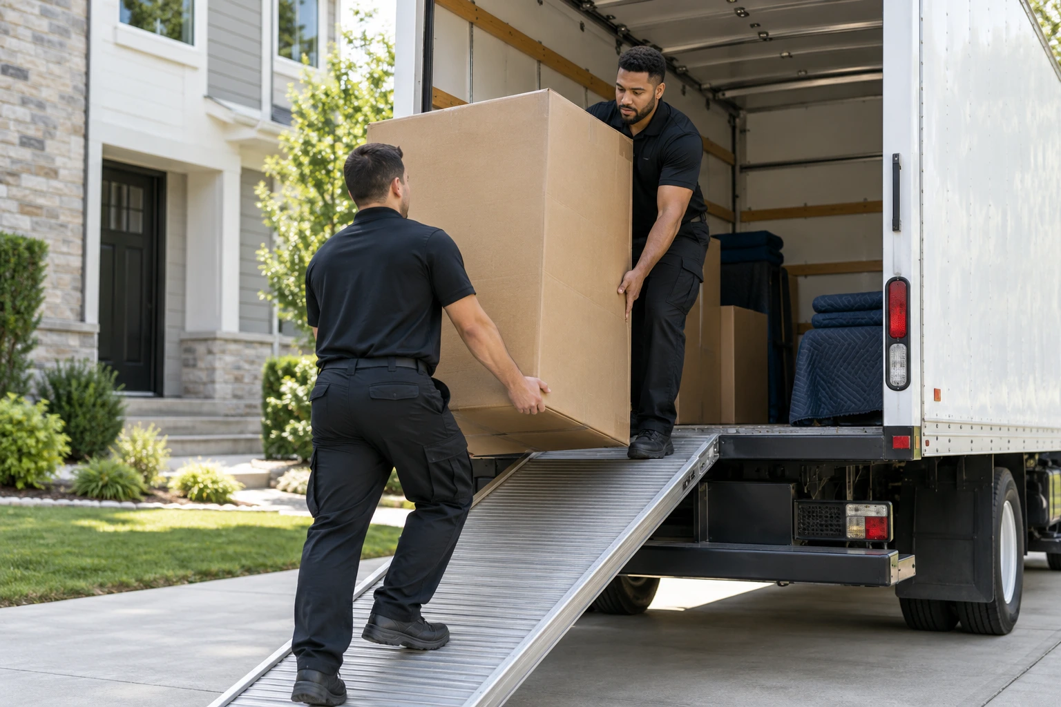 Illustrative scene of professional movers loading a carton into a delivery truck outside a home