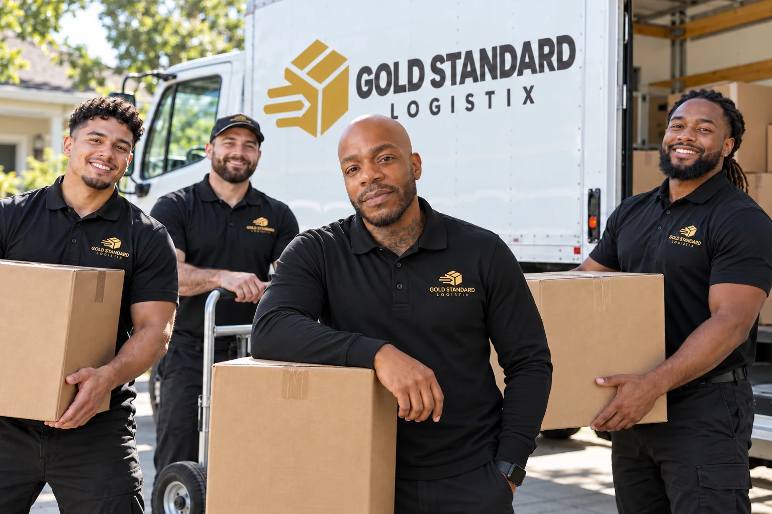 Illustrative team portrait showing the Gold Standard Logistix CEO and three movers in company polos