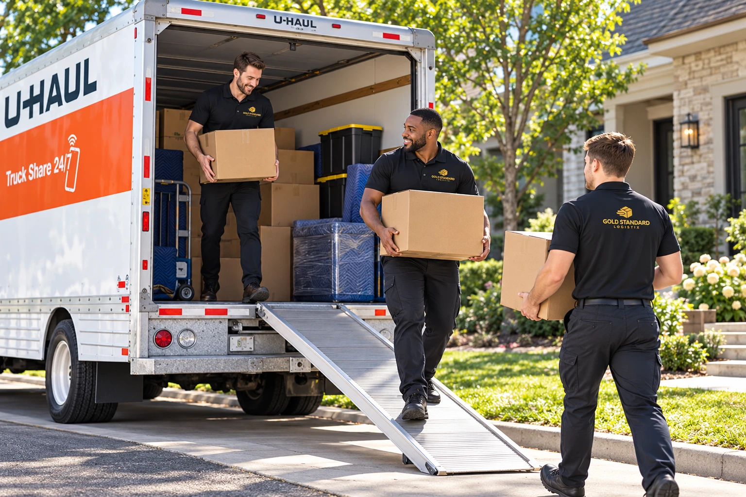 Illustrative Gold Standard Logistix movers carrying boxes into a U-Haul rental truck